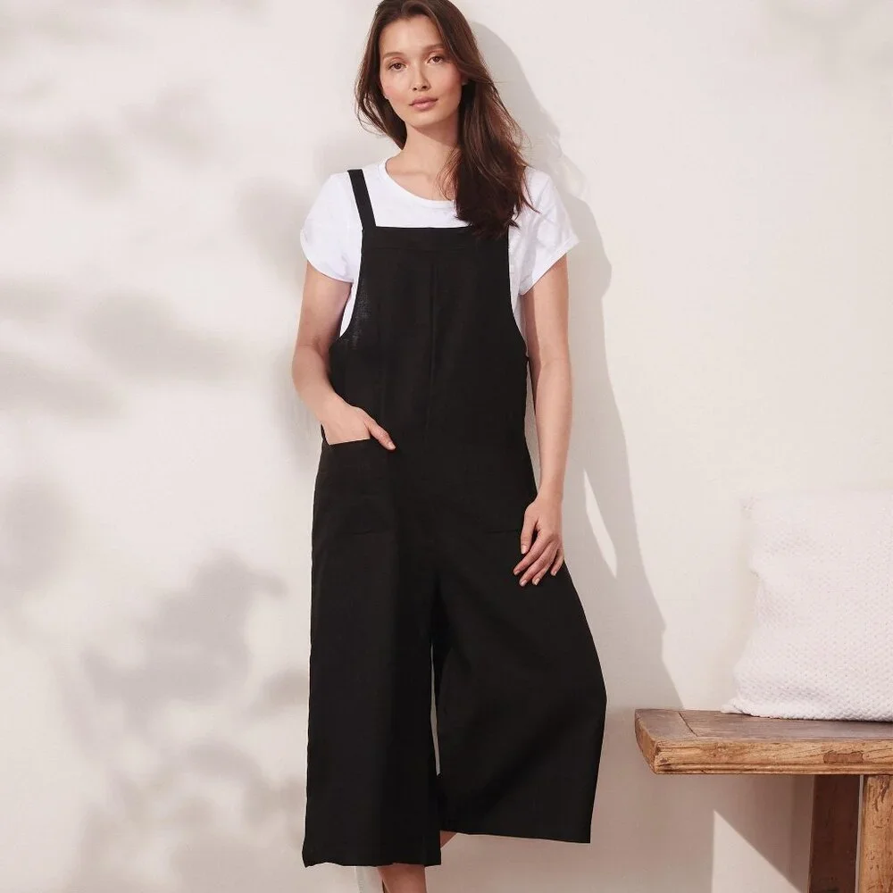 THE WHITE COMPANY 100% Linen Overalls 10 Dungarees Jumpsuit Black Loose Oversize - Picture 2 of 9